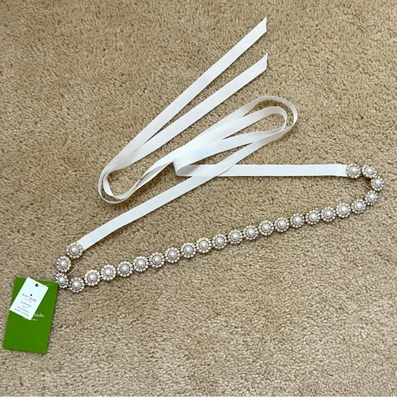 KATA SPADE PEARL AND CRYSTAL FLOWER TIE BELT